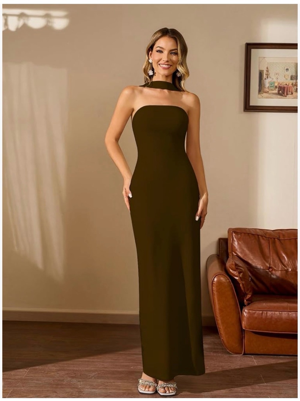 Choker-Neck Strapless Maxi Dress in Olive Green